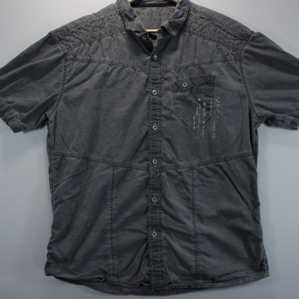 Marc Ecko Cut & Sew Mens L Y2K Gray Short Sleeve Button Up Shirt Deadly Threads
